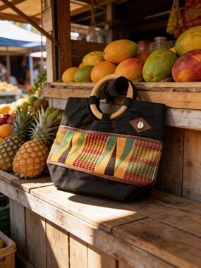Black Canvas Tote with Colorful Kente Accent and Wooden Handles